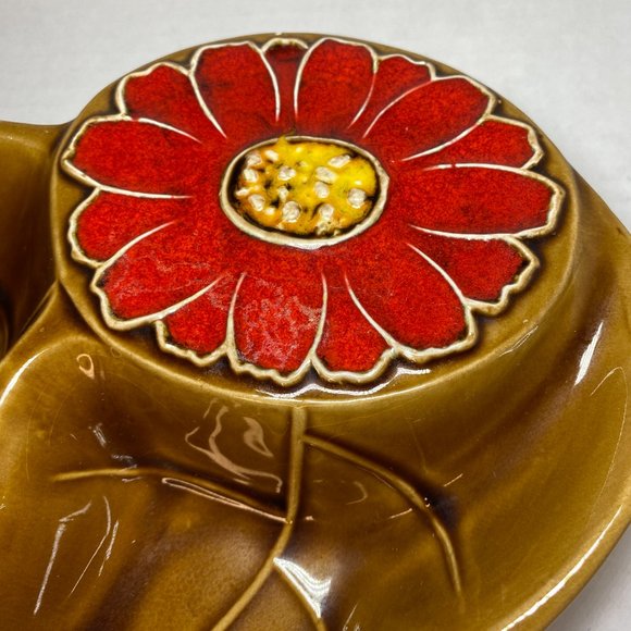 Vintage Ceramic Serving Dish Brown Red Flower *read* - Picture 2 of 9